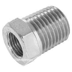 Reducer bushing with 1/4 NPT male threads and 1/8 BSPP female threads.