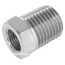 BH-16361 Reducer bushing with 21/2 NPT male threads and 11/2 BSPP female threads.