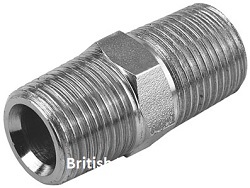 BH-00403 Reducing hex nipple with 3/8 x 1/2 BSPT thread. Steel zinc plated