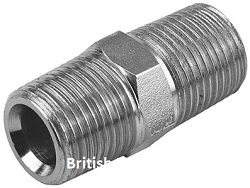 BH-10017 Reducing hex nipple with 3/8 BSPT x 1/2 NPT thread. Steel zinc plated